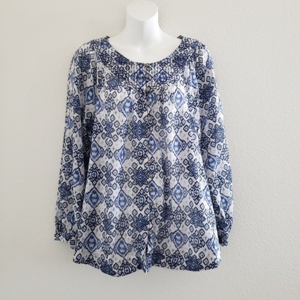BeachLunchLounge Top XS Blue White Ikat Printed Embroidered Beachy Boho Flowy